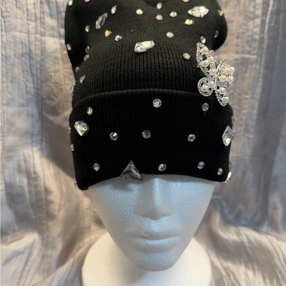Embellished Black Beanie with Butterfly Detail - Picture 1 of 11